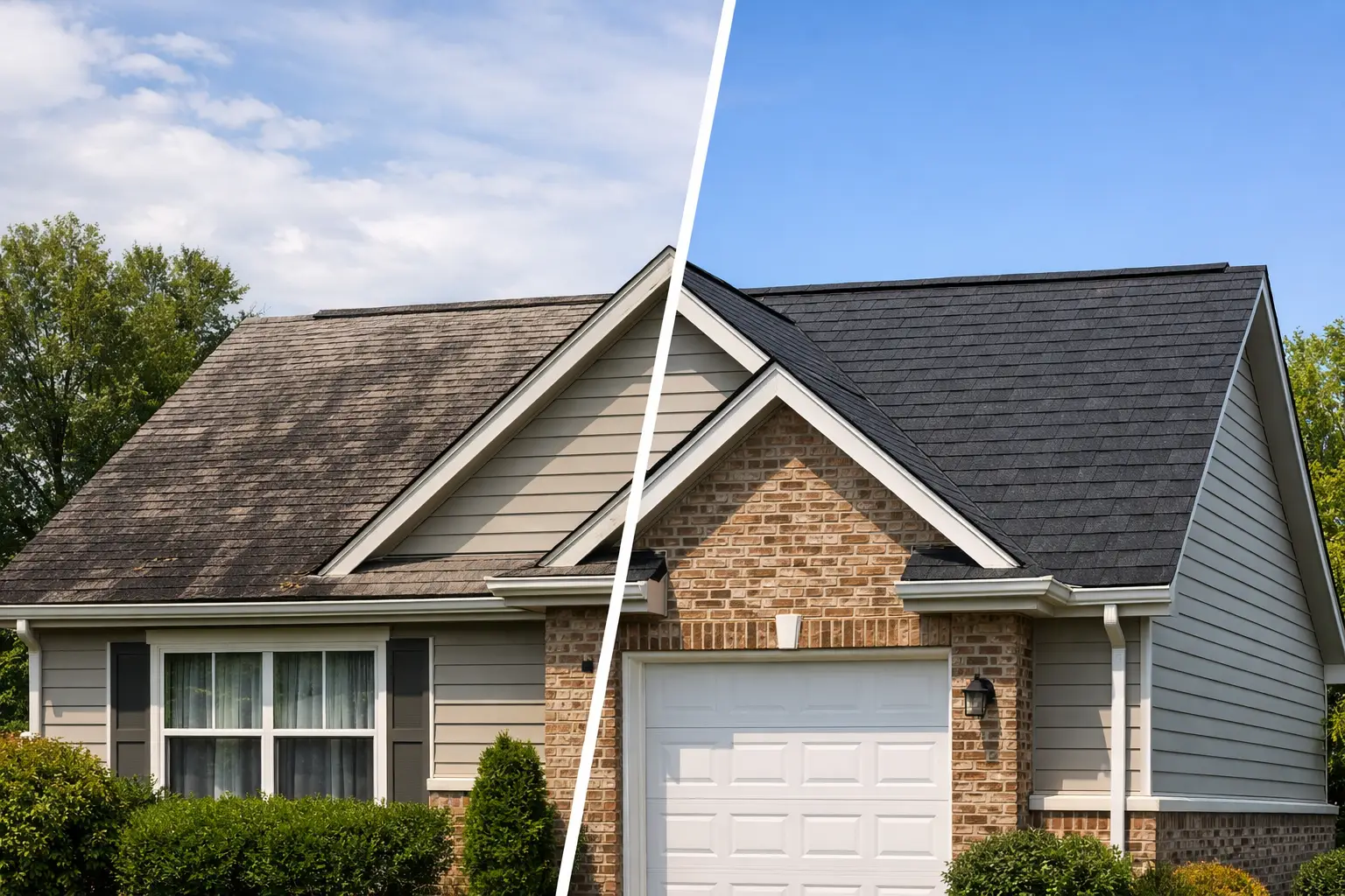Before and after comparison of an aging roof and a new shingle roof